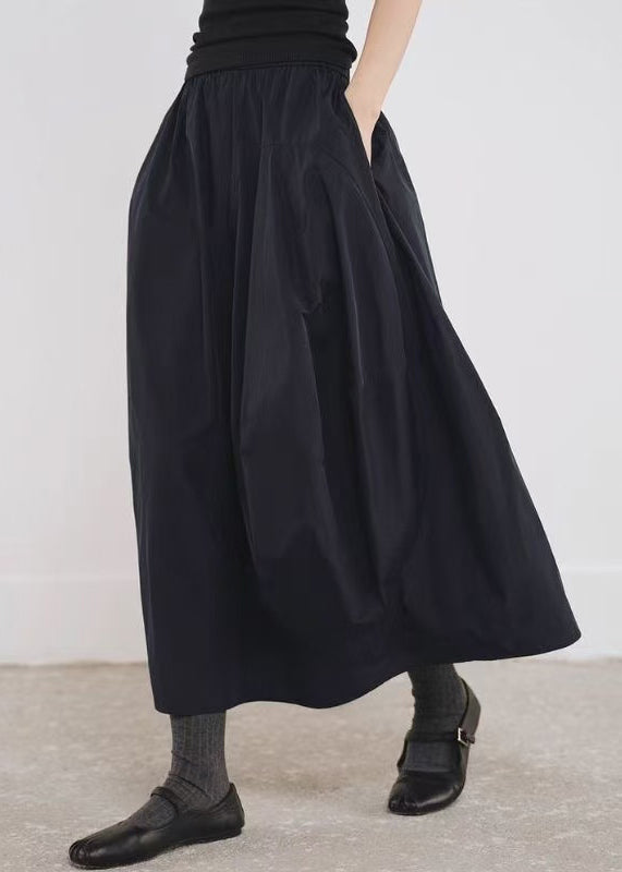 Simple Black Pockets Elastic Waist Cotton A Line Skirts Fall