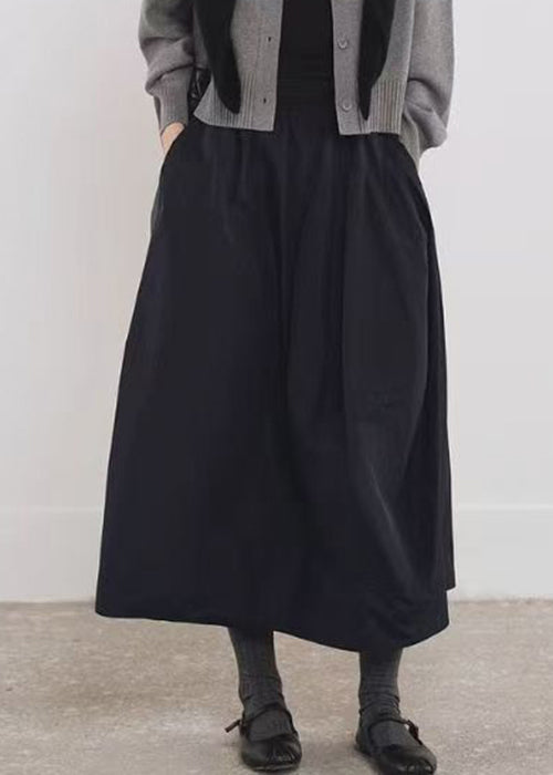 Simple Black Pockets Elastic Waist Cotton A Line Skirts Fall