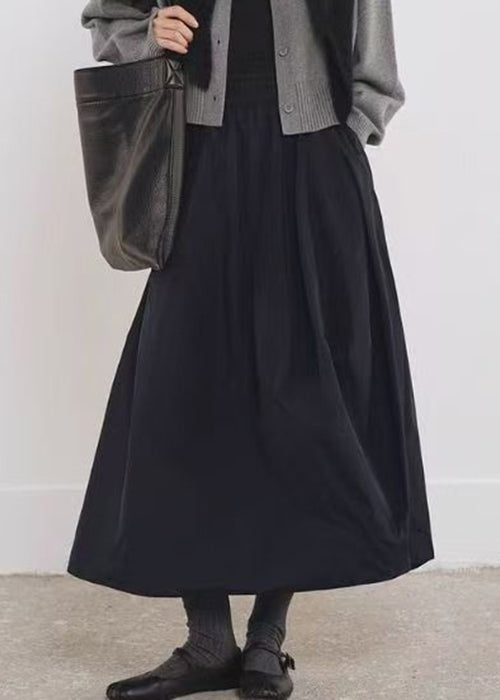 Simple Black Pockets Elastic Waist Cotton A Line Skirts Fall