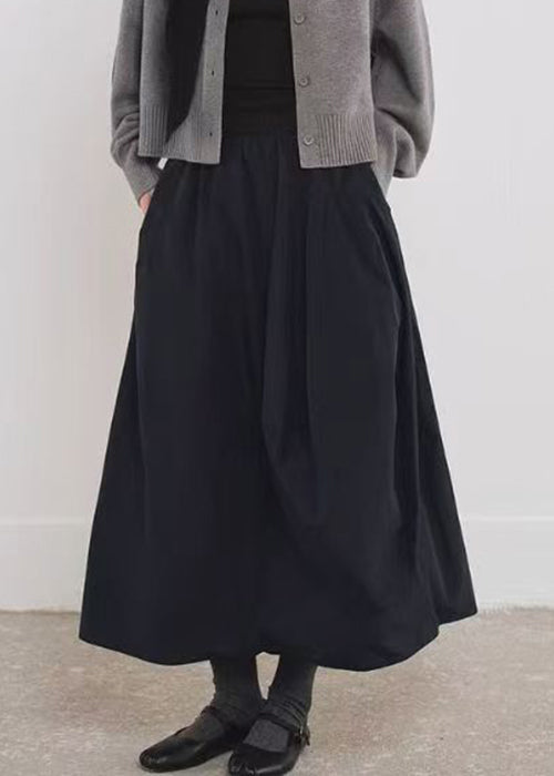 Simple Black Pockets Elastic Waist Cotton A Line Skirts Fall