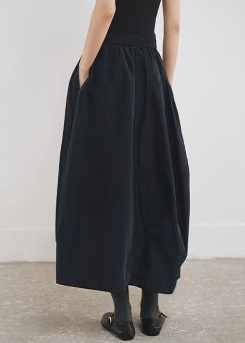Simple Black Pockets Elastic Waist Cotton A Line Skirts Fall