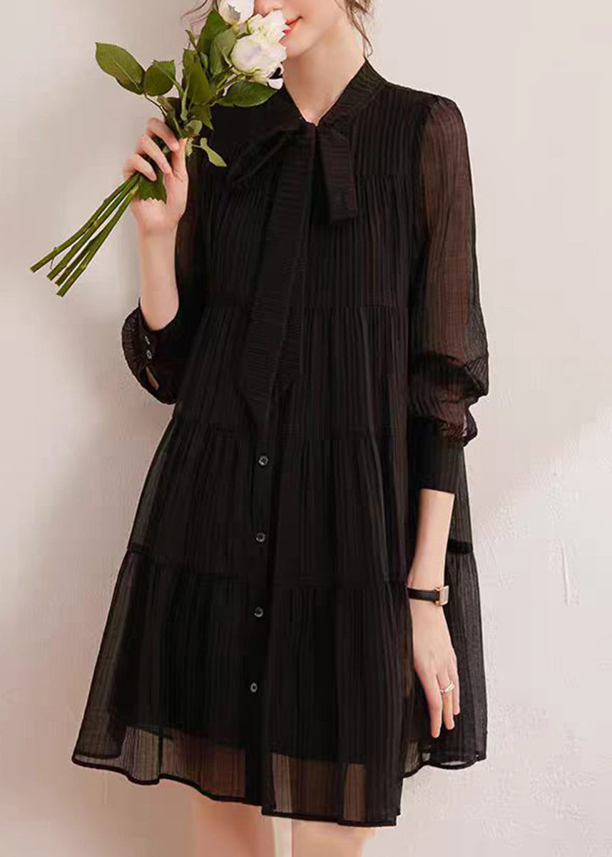 Simple Black Stand Collar Lace Up Bow Wrinkled Vacation Dresses Fall