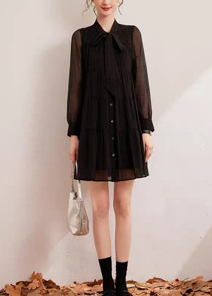 Simple Black Stand Collar Lace Up Bow Wrinkled Vacation Dresses Fall