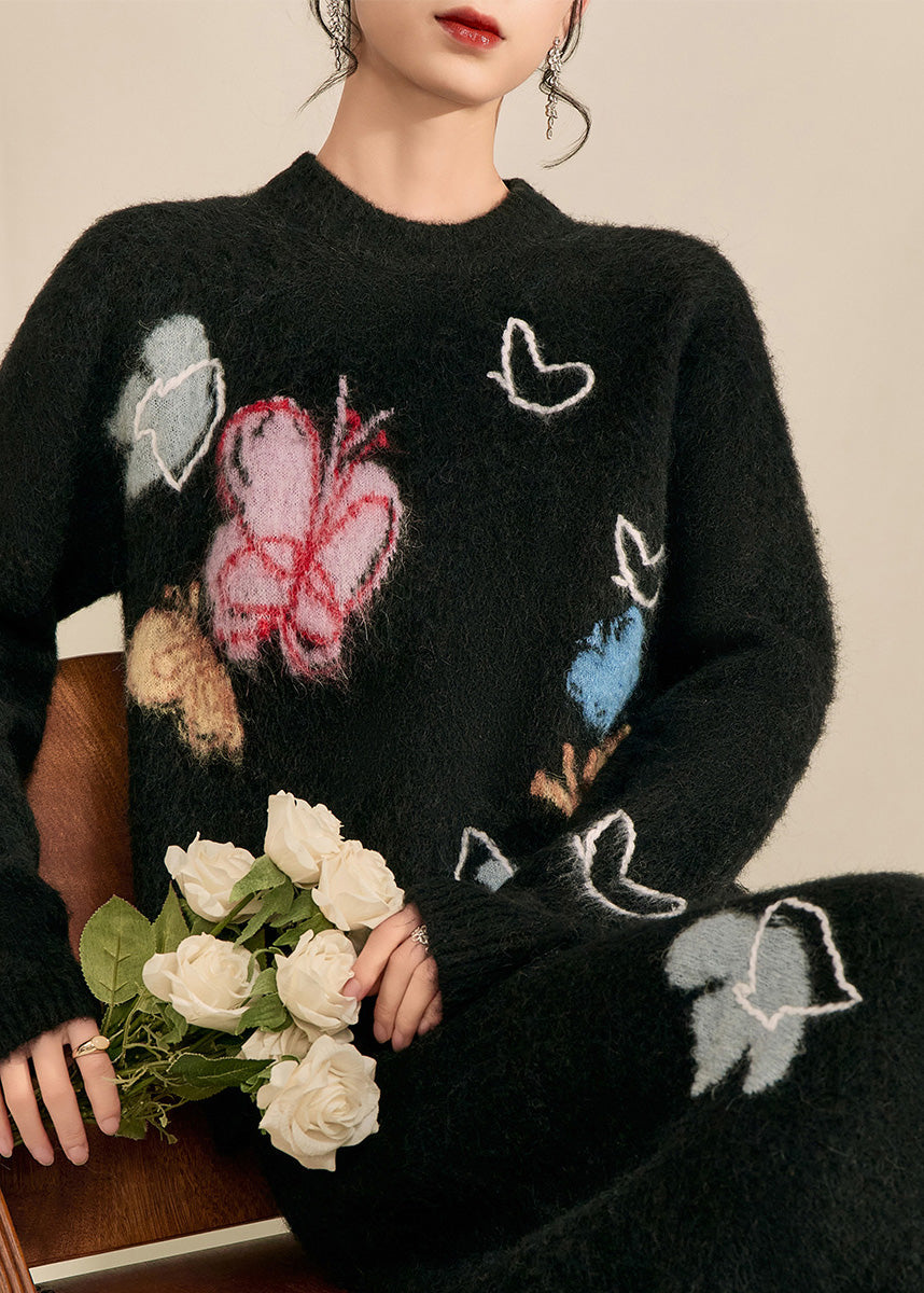 Simple Black Stand Collar Print Butterfly Cozy Cotton Knit Sweater Tops Fall