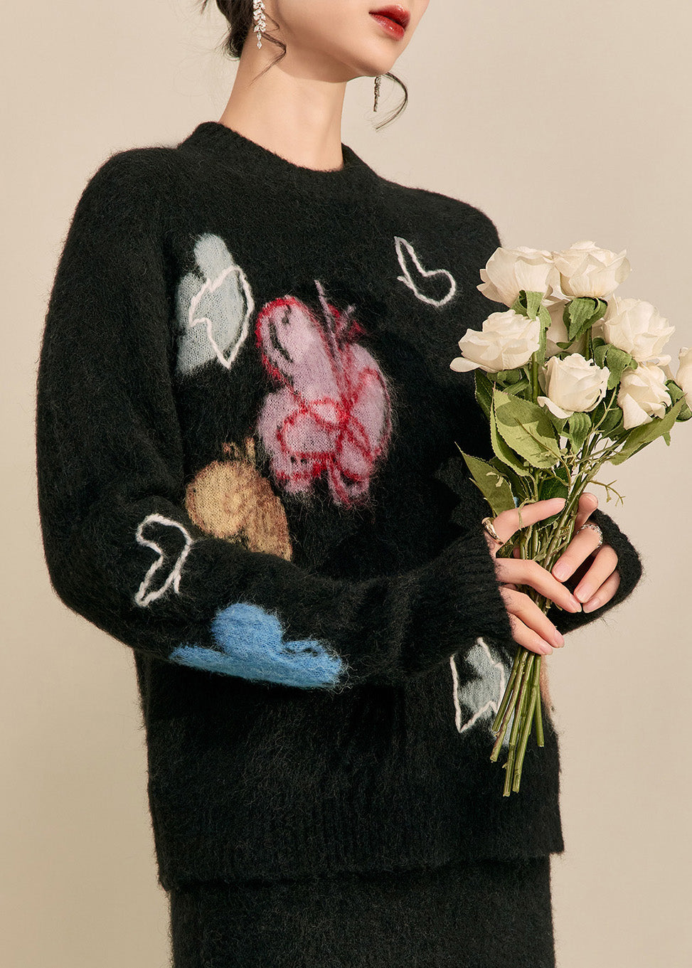 Simple Black Stand Collar Print Butterfly Cozy Cotton Knit Sweater Tops Spring