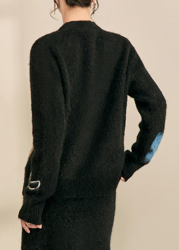 Simple Black Stand Collar Print Butterfly Cozy Cotton Knit Sweater Tops Spring