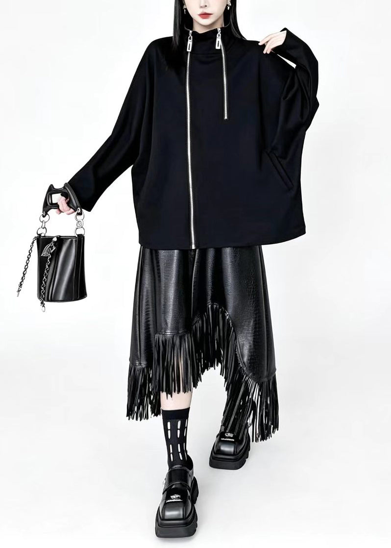Simple Black Stand Collar Zip Up Oversized Cotton Jacket Batwing Sleeve