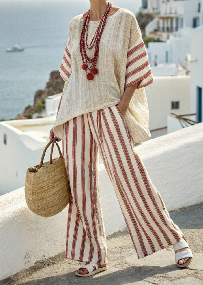 Simple Black Striped Side Open T Shirts And Wide Leg Pants Two Pieces Set Short Sleeve