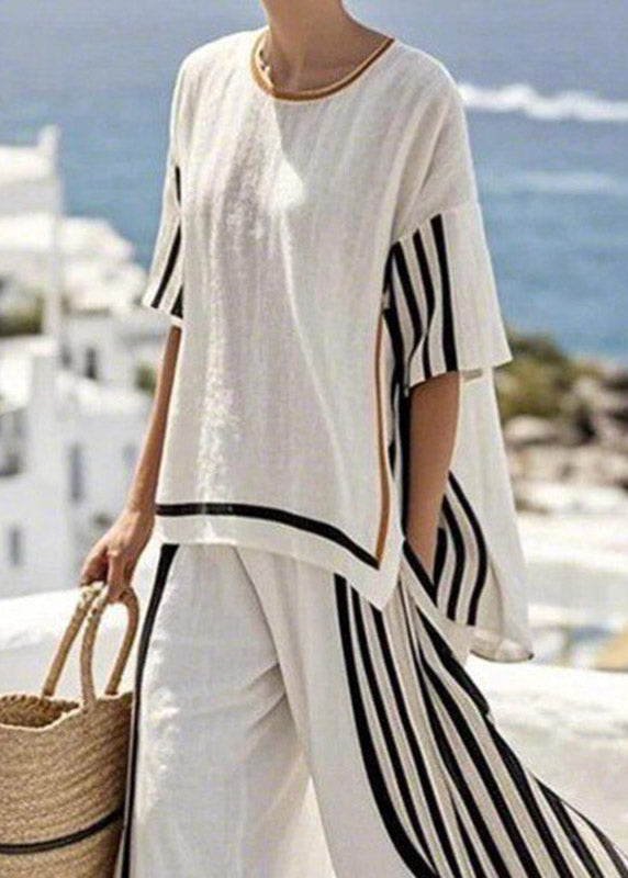Simple Black Striped Side Open T Shirts And Wide Leg Pants Two Pieces Set Short Sleeve
