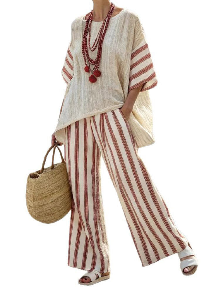 Simple Black Striped Side Open T Shirts And Wide Leg Pants Two Pieces Set Short Sleeve