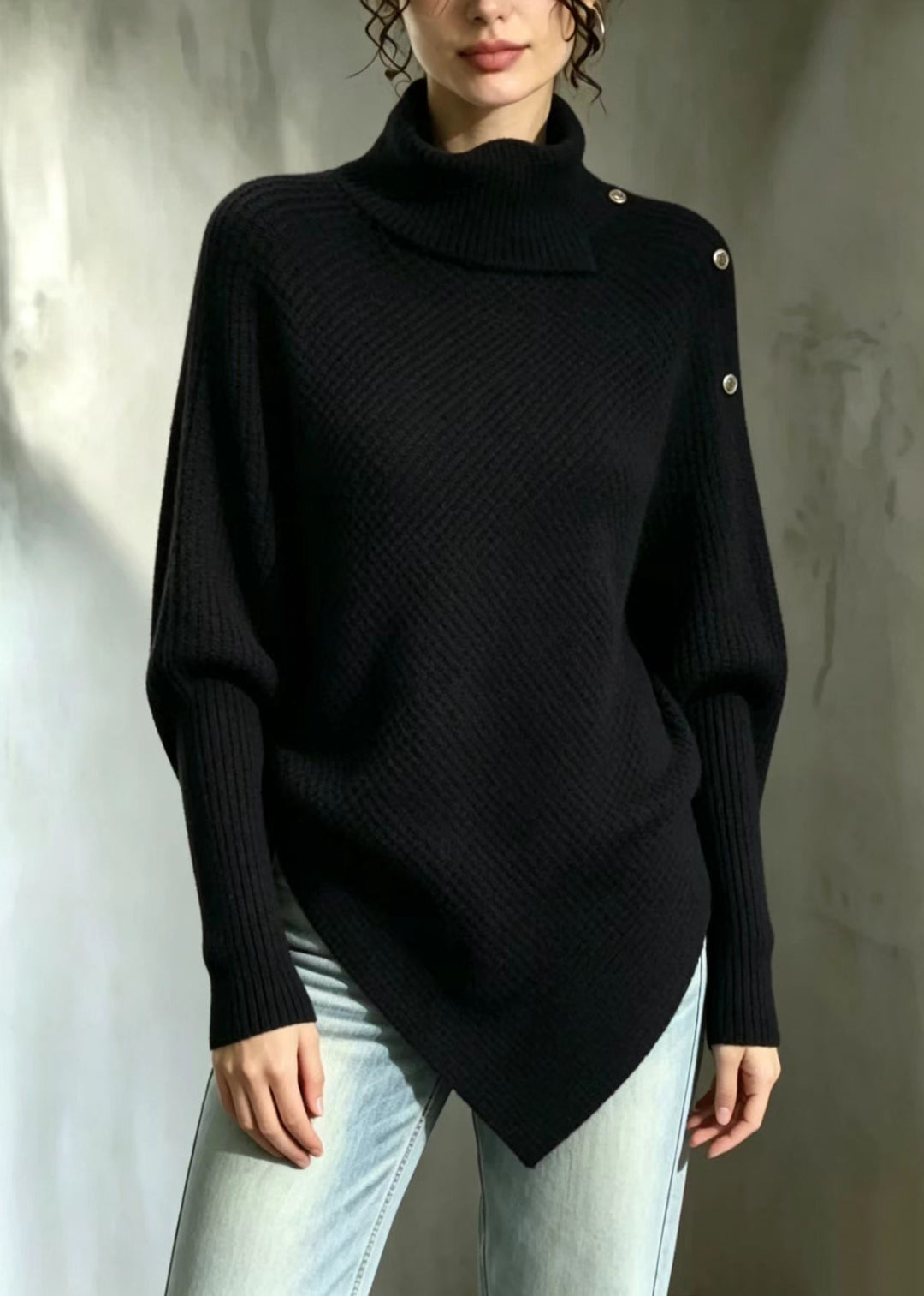 Simple Black Turtleneck Asymmetrical Knit Sweaters Fall