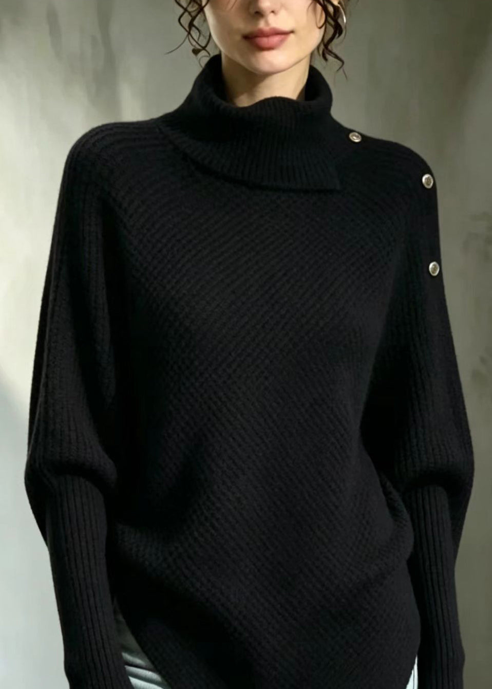 Simple Black Turtleneck Asymmetrical Knit Sweaters Fall