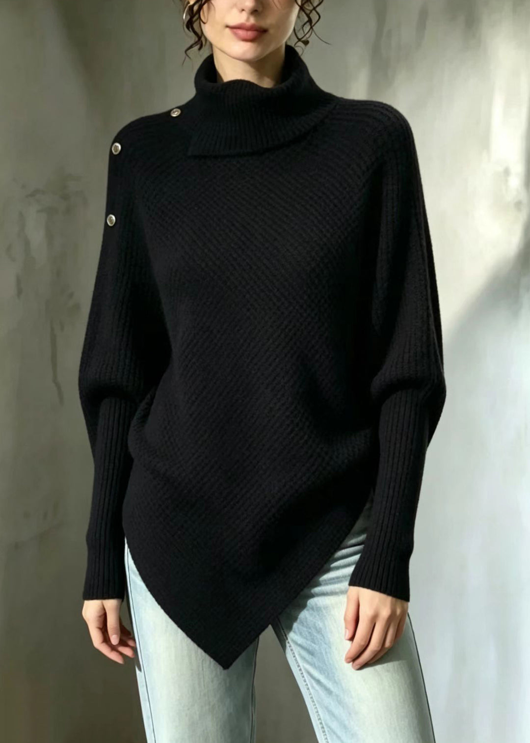 Simple Black Turtleneck Asymmetrical Knit Sweaters Fall