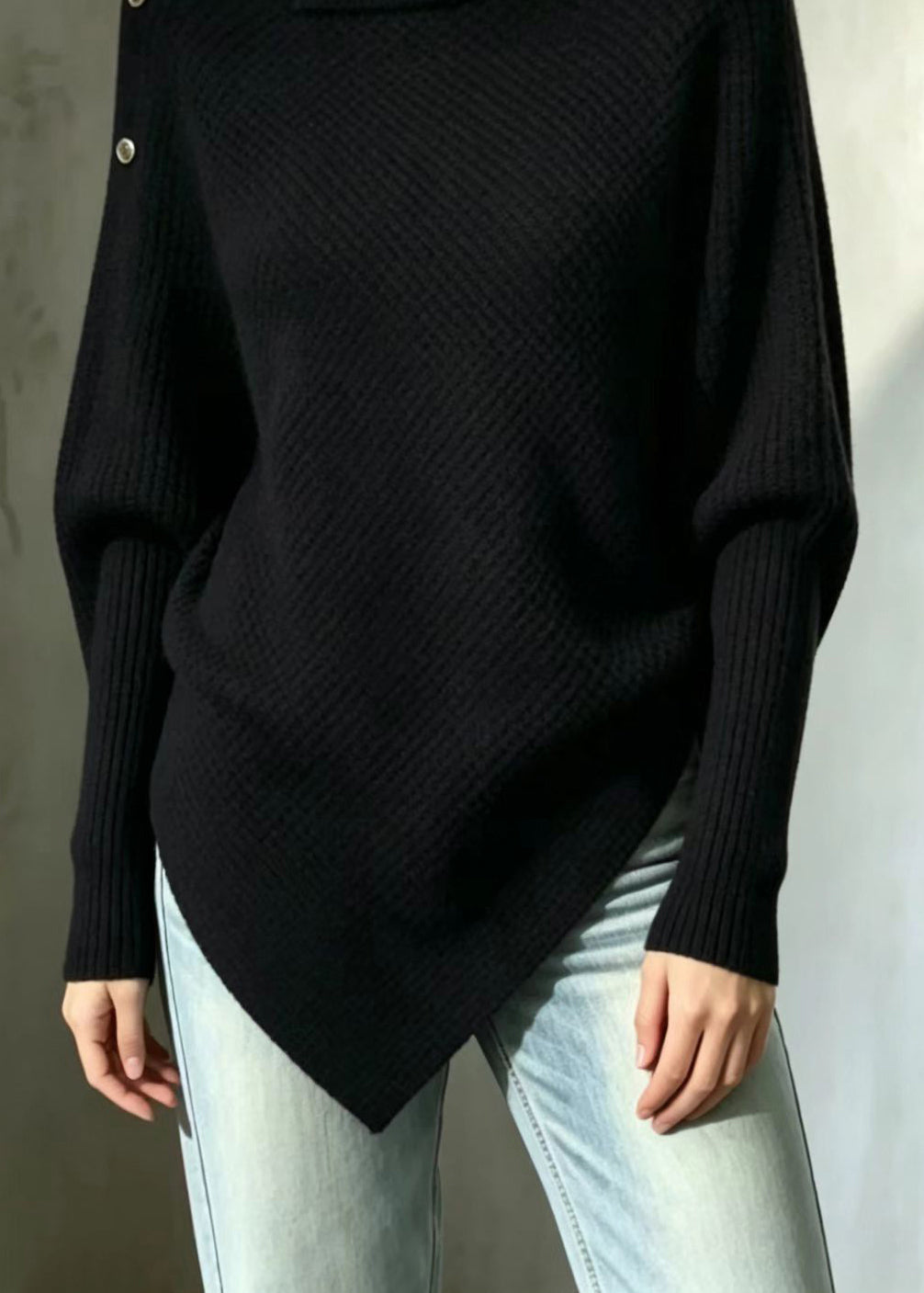 Simple Black Turtleneck Asymmetrical Knit Sweaters Fall
