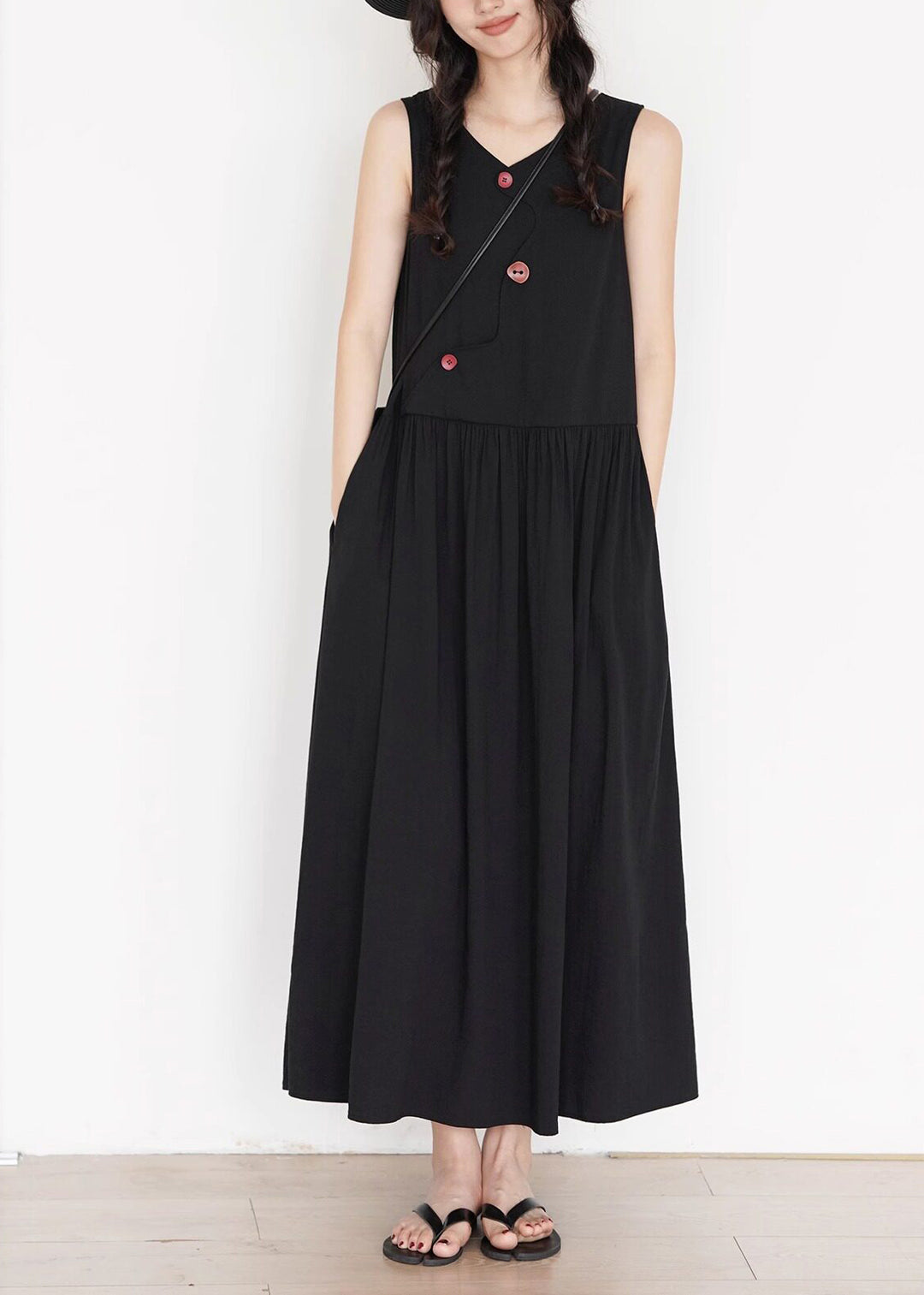 Simple Black V Neck Button Cotton A Line Dress Summer