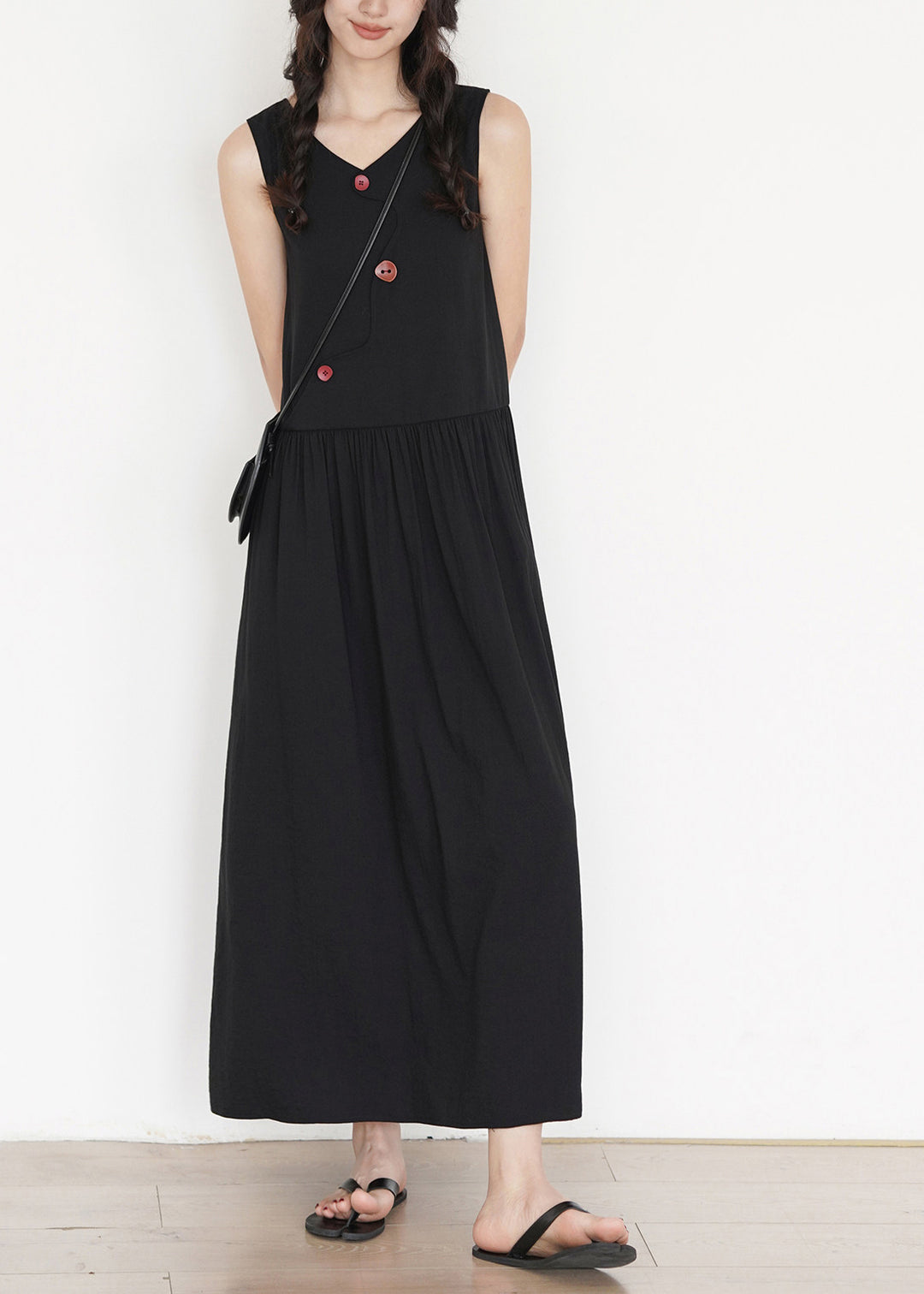 Simple Black V Neck Button Cotton A Line Dress Summer