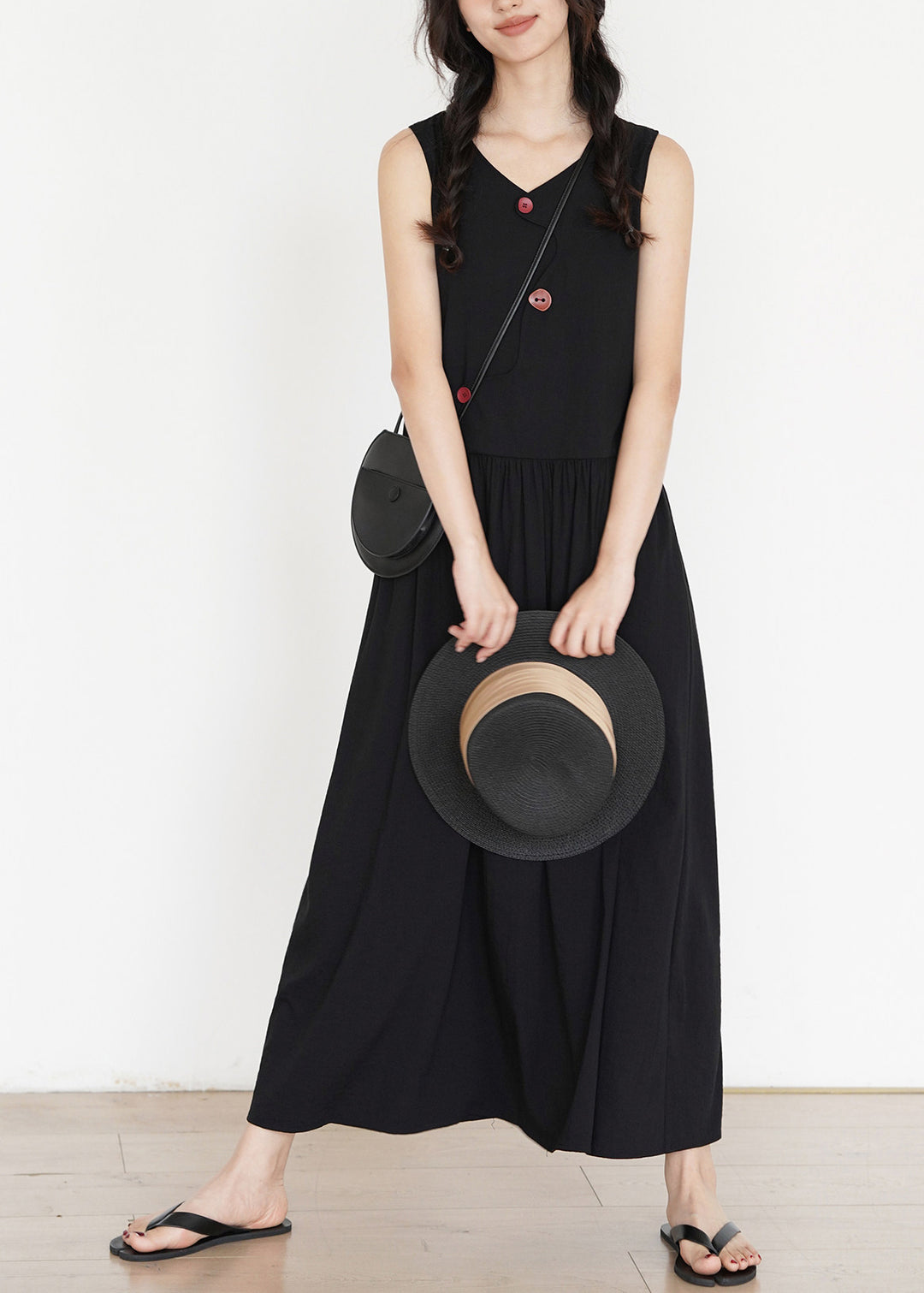Simple Black V Neck Button Cotton A Line Dress Summer