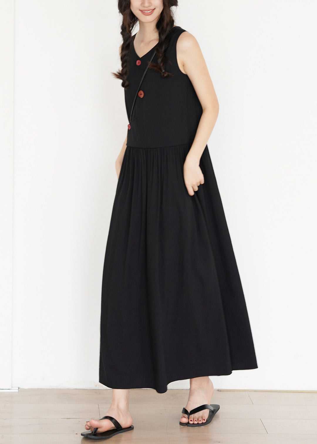 Simple Black V Neck Button Cotton A Line Dress Summer
