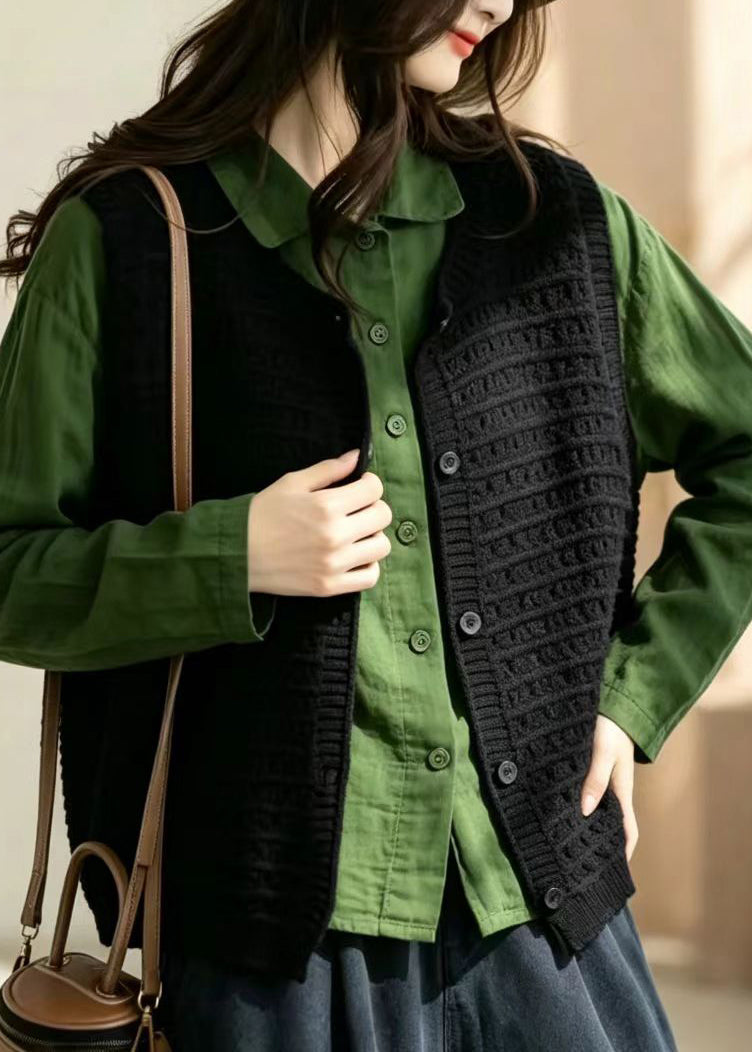 Simple Black V Neck Hollow Out Button Knit Waistcoat Fall