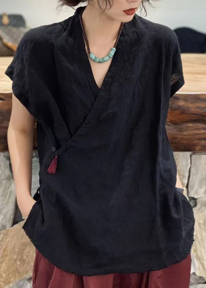 Simple Black V Neck Tie Waist Tassel Top Short Sleeve