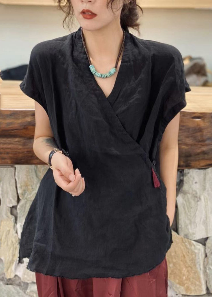 Simple Black V Neck Tie Waist Tassel Top Short Sleeve