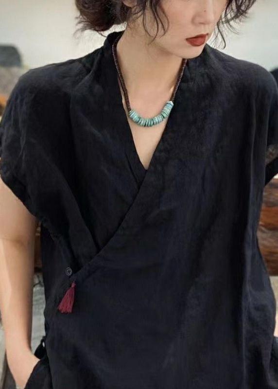 Simple Black V Neck Tie Waist Tassel Top Short Sleeve