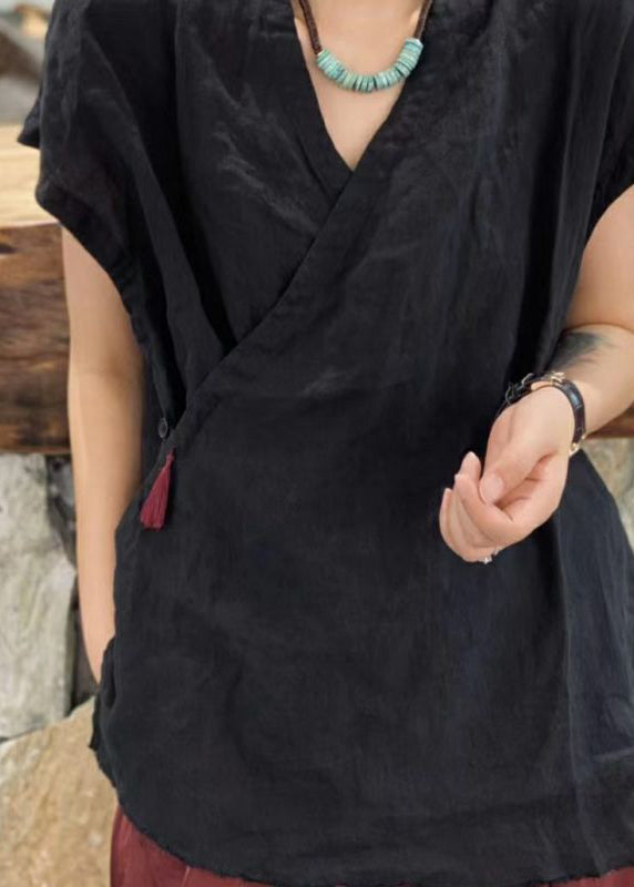 Simple Black V Neck Tie Waist Tassel Top Short Sleeve