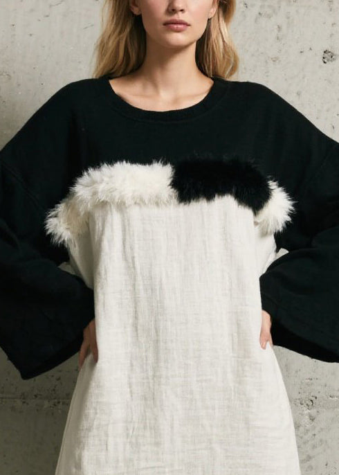 Simple Black White Patchwork Faux Fur Maxi Dress Fall