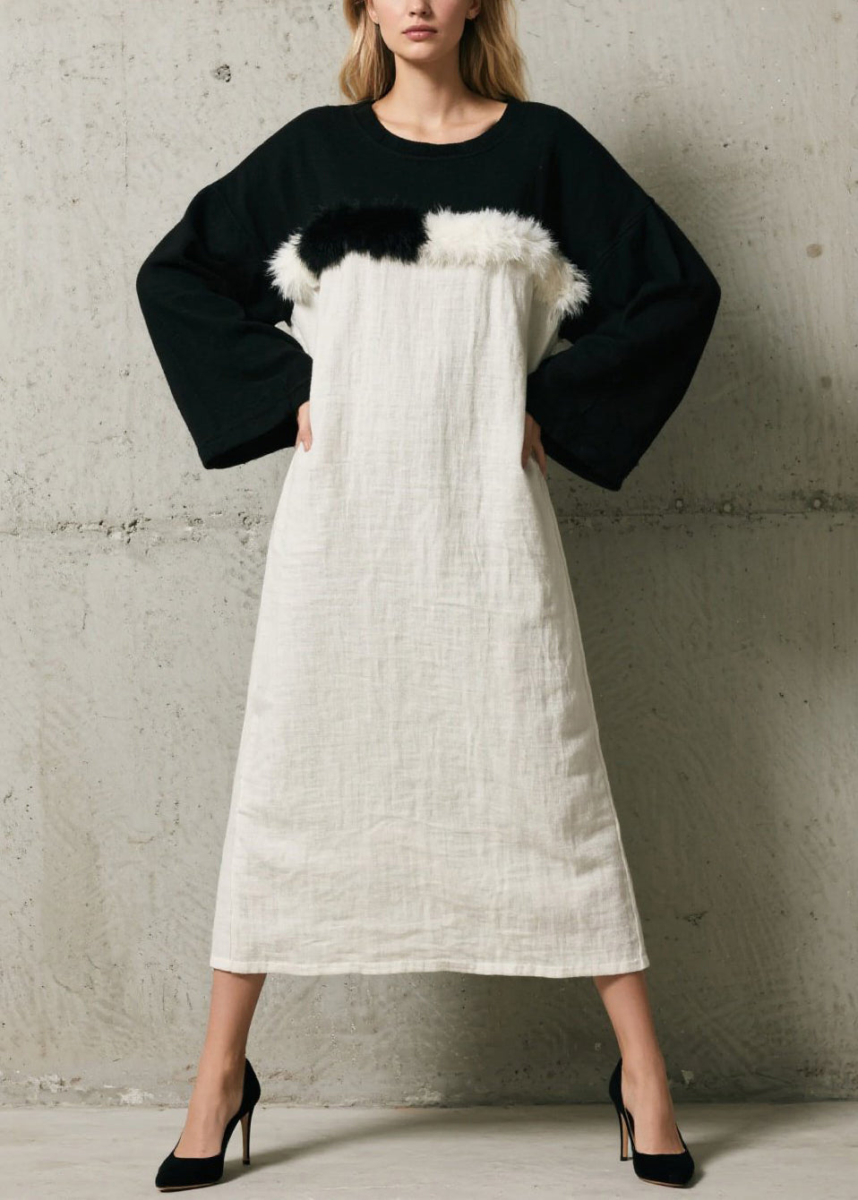 Simple Black White Patchwork Faux Fur Maxi Dress Fall