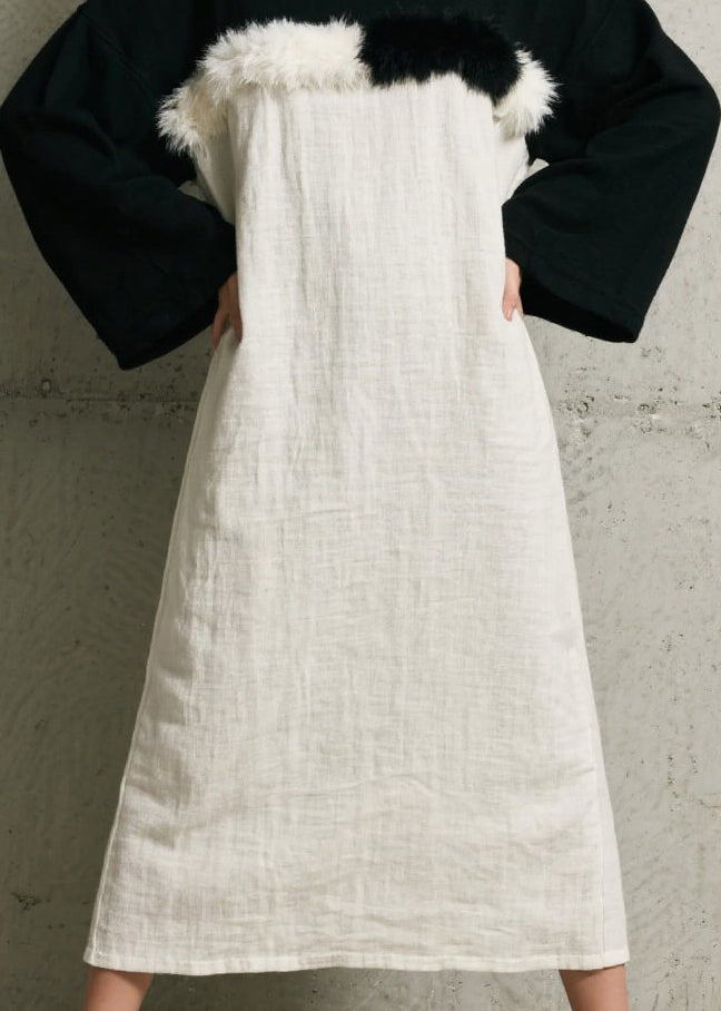 Simple Black White Patchwork Faux Fur Maxi Dress Fall