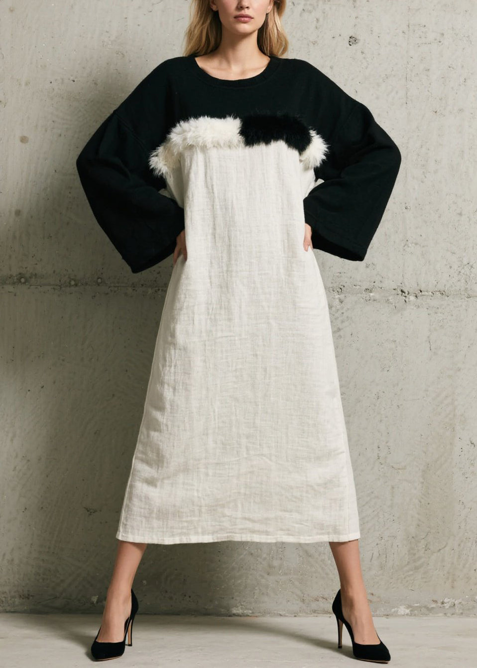 Simple Black White Patchwork Faux Fur Maxi Dress Fall