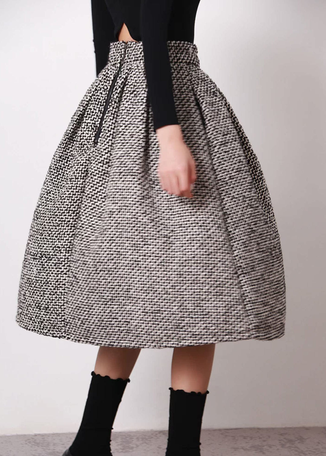 Simple Black White Plaid High Waist Woolen A Line Skirts Spring