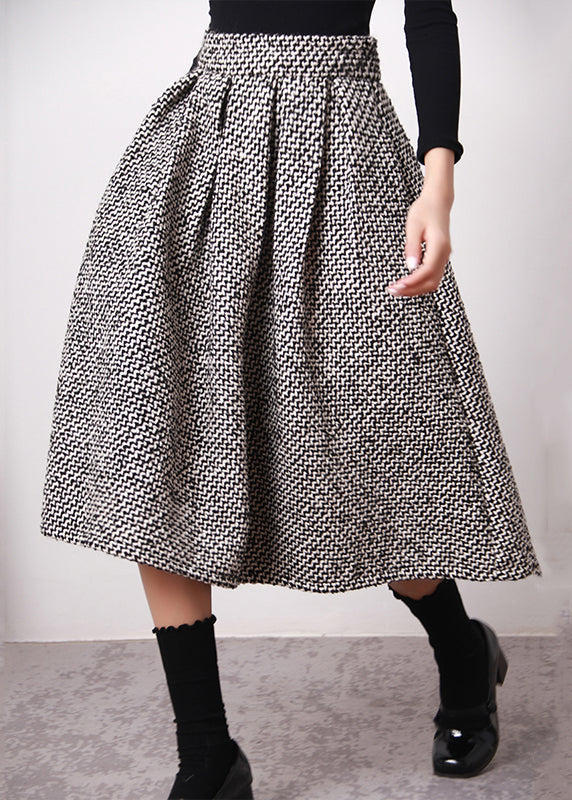 Simple Black White Plaid High Waist Woolen A Line Skirts Spring