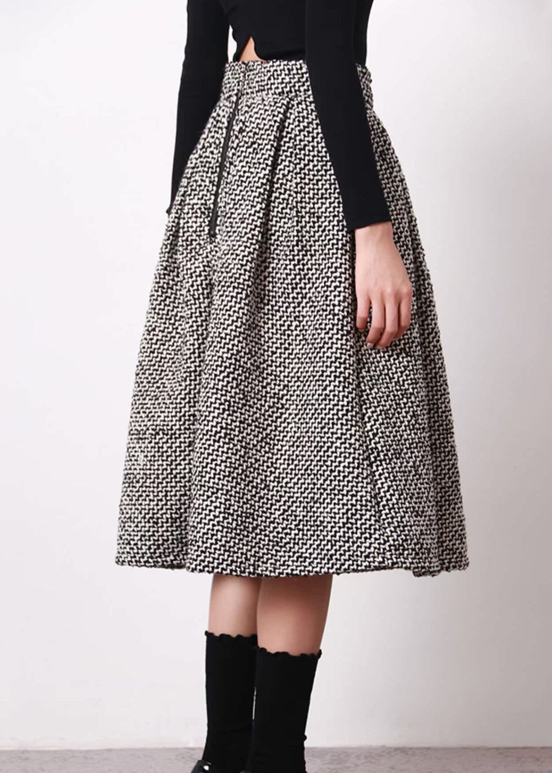 Simple Black White Plaid High Waist Woolen A Line Skirts Spring