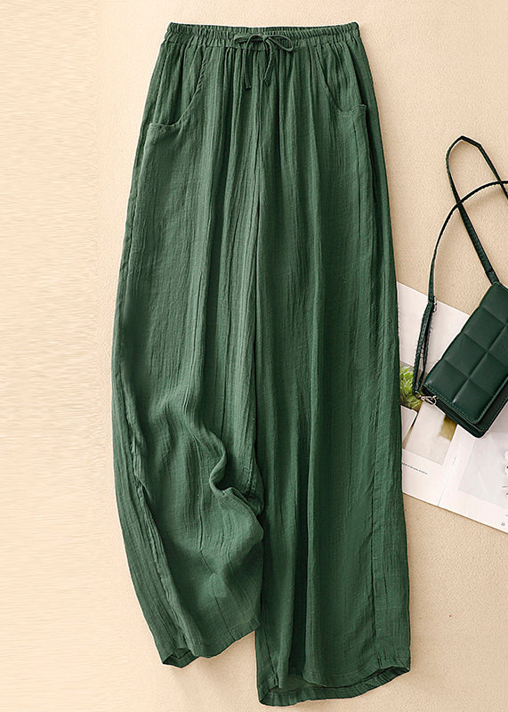 Simple Blackish Green Pockets Elastic Waist Linen Wide Leg Pants Summer