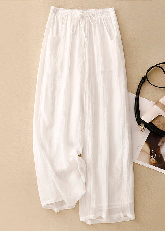 Simple Blackish Green Pockets Elastic Waist Linen Wide Leg Pants Summer