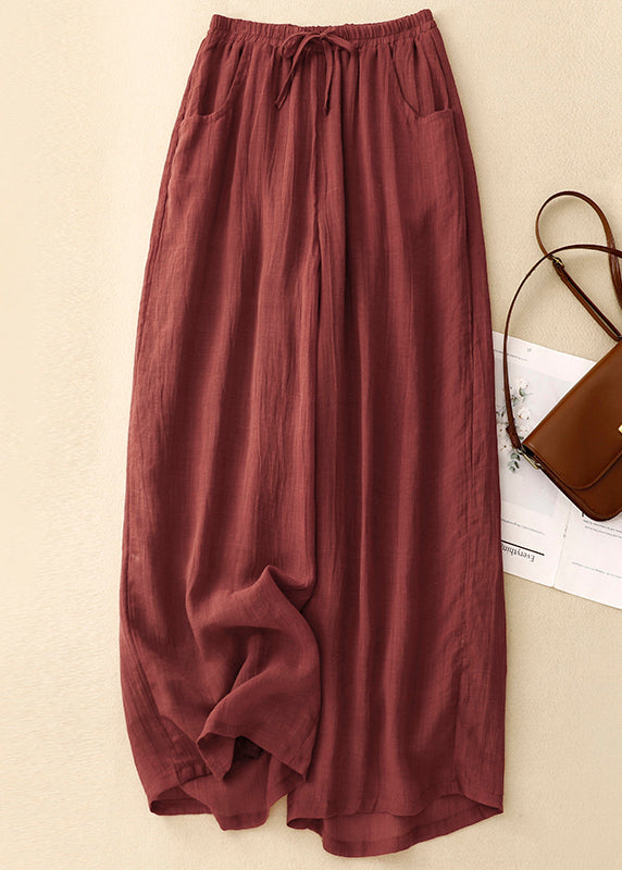 Simple Blackish Green Pockets Elastic Waist Linen Wide Leg Pants Summer