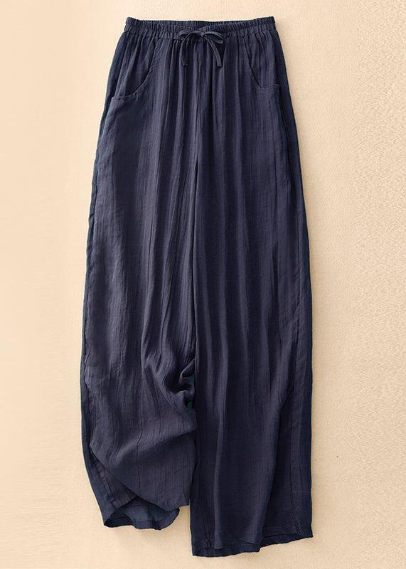 Simple Blackish Green Pockets Elastic Waist Linen Wide Leg Pants Summer