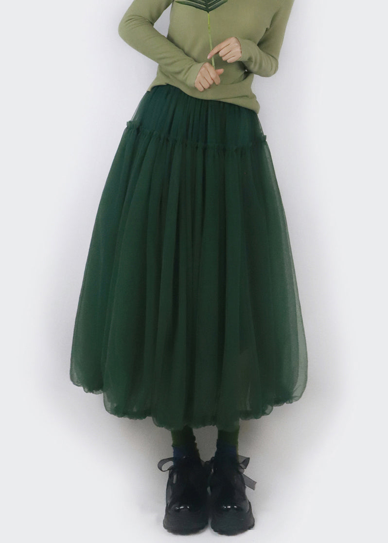 Simple Blackish Green Ruffled Elastic Waist Tulle Skirts Fall