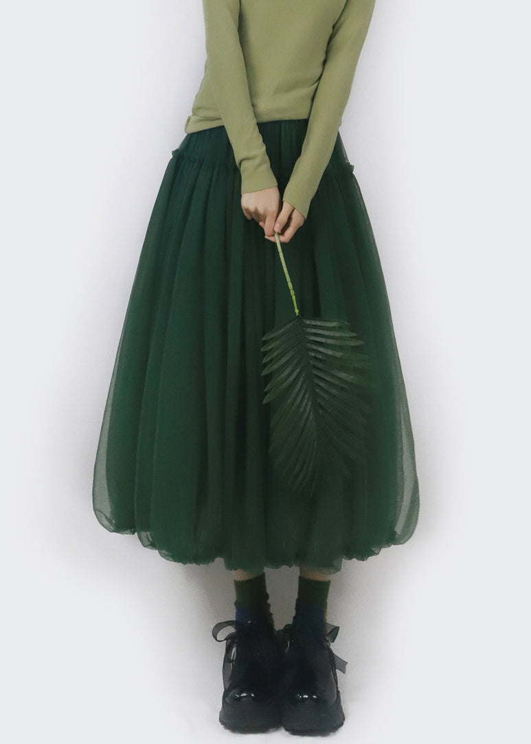 Simple Blackish Green Ruffled Elastic Waist Tulle Skirts Fall