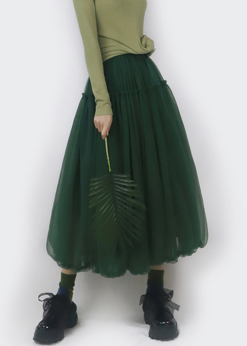 Simple Blackish Green Ruffled Elastic Waist Tulle Skirts Fall