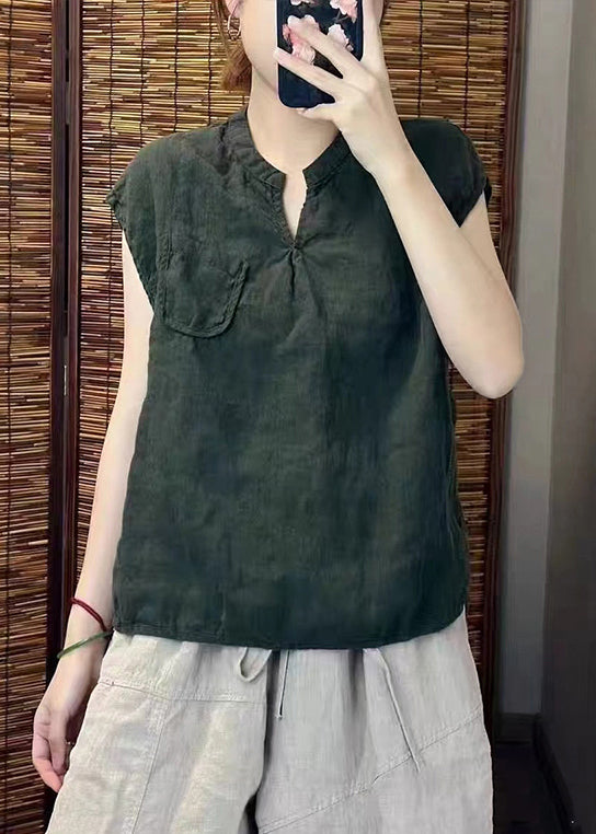 Simple Blackish Green V Neck Linen Vests Sleeveless