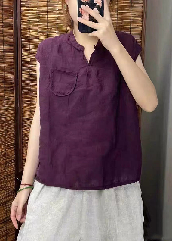 Simple Blackish Green V Neck Linen Vests Sleeveless