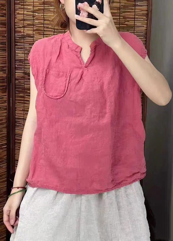 Simple Blackish Green V Neck Linen Vests Sleeveless