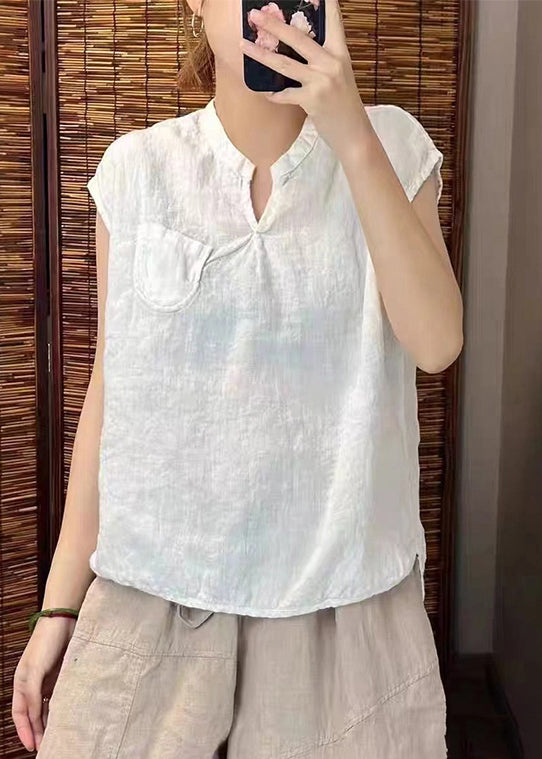 Simple Blackish Green V Neck Linen Vests Sleeveless
