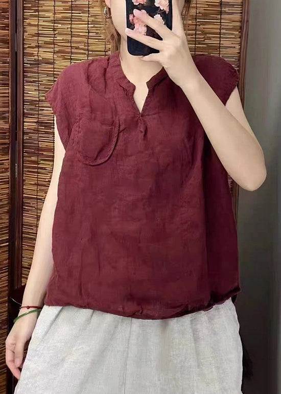 Simple Blackish Green V Neck Linen Vests Sleeveless