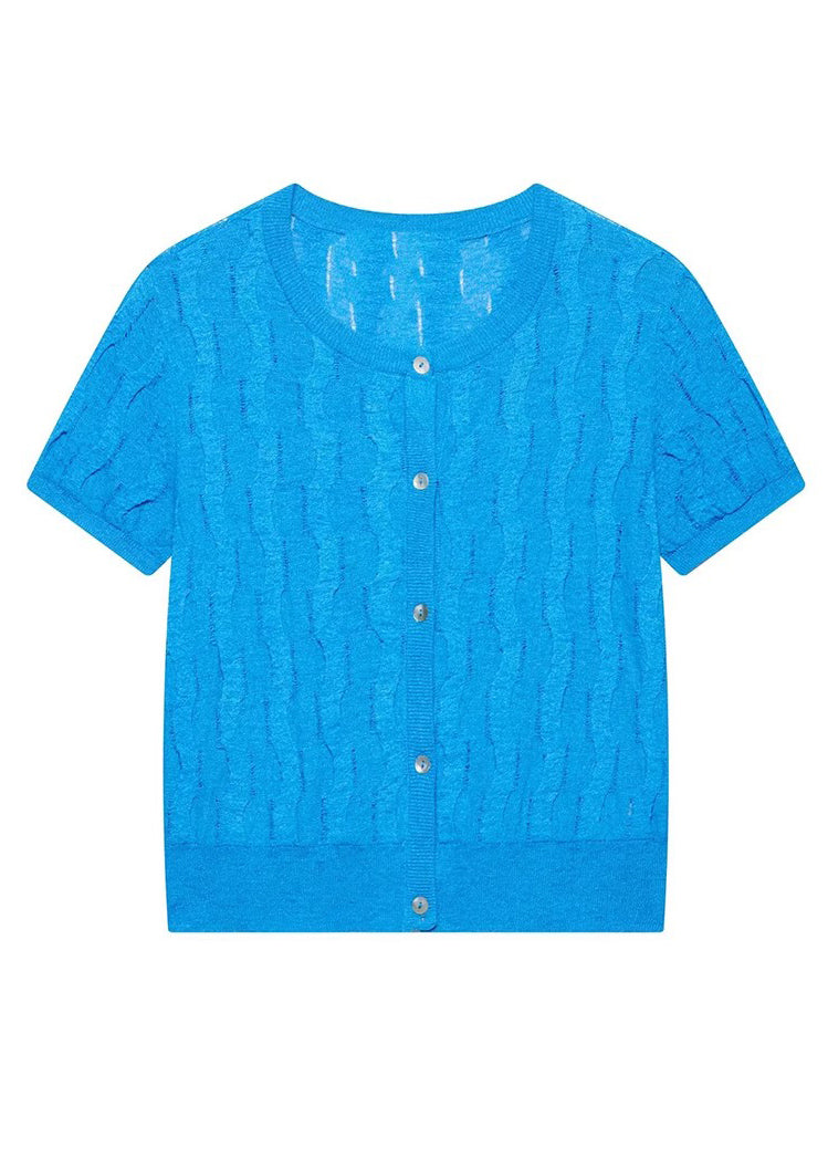 Simple Blue Button Hollow Out Knit T Shirt Summer