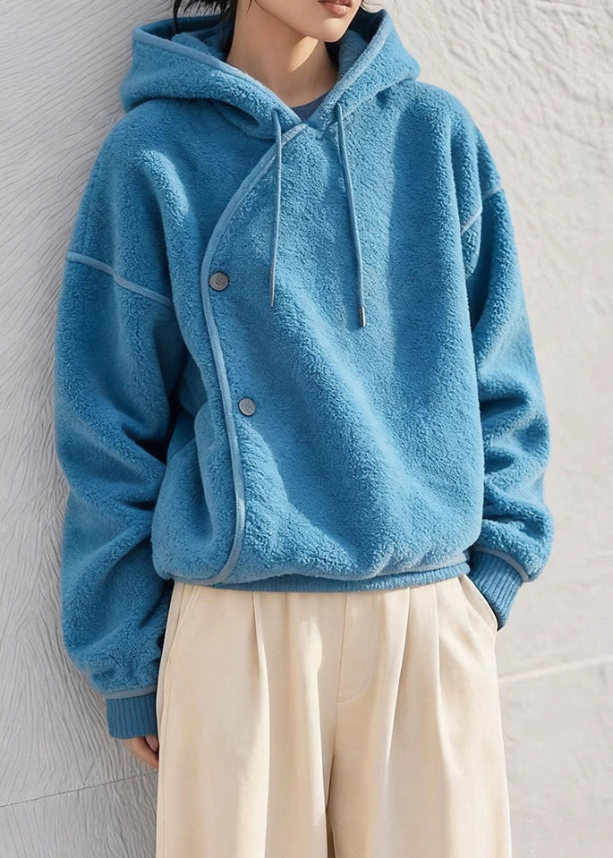 Simple Blue Hooded Cozy Solid Fluffy Sweatshirts Winter