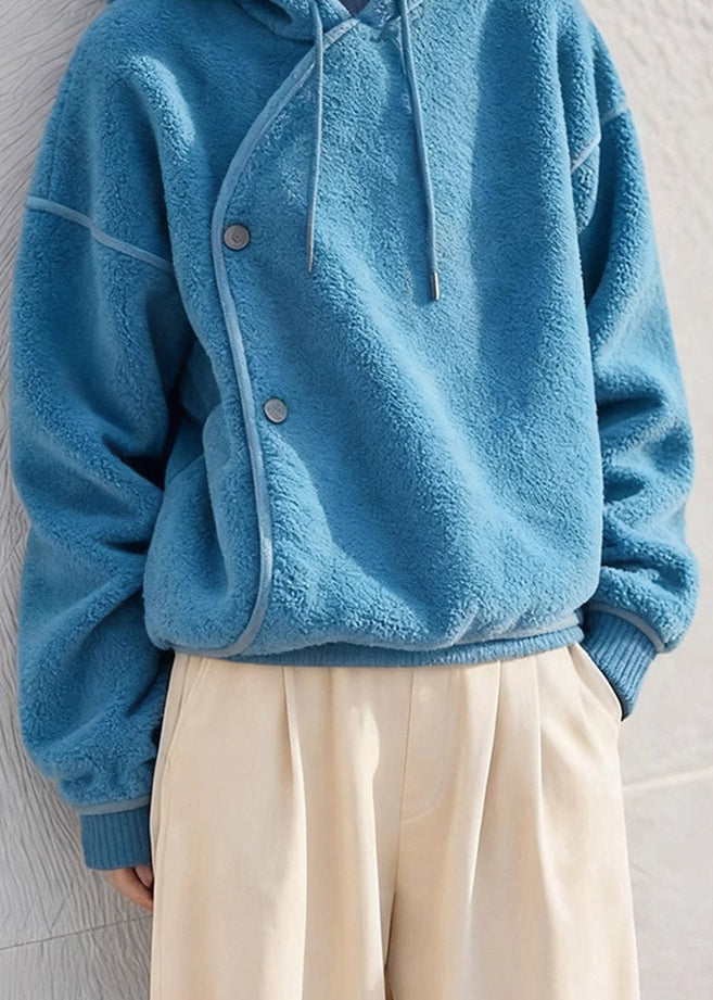 Simple Blue Hooded Cozy Solid Fluffy Sweatshirts Winter