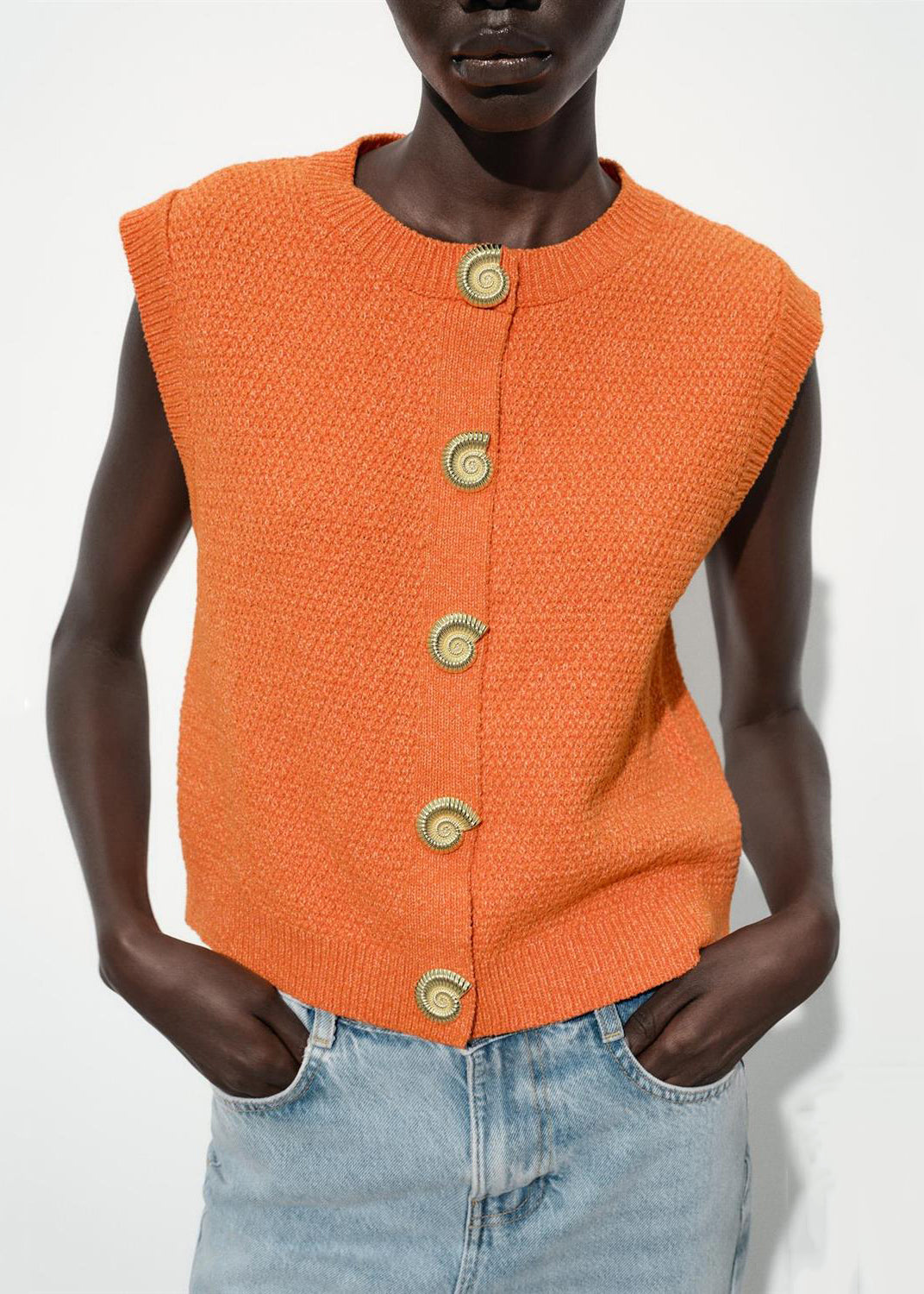 Simple Blue O Neck Button Knit Vest Sleeveless